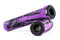 Two Ethic Slim Purple/Black Scooter Grips, 160mm, with a textured design and integrated bar ends, are crisscrossed on a white background. These grips from Ethic add style and functionality to your ride.