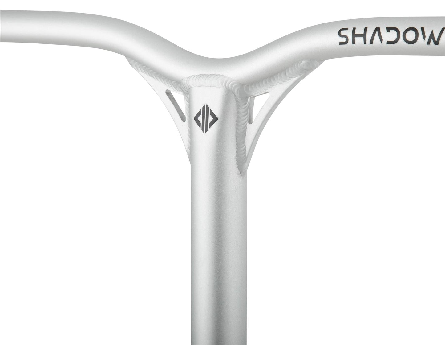 Close-up of a metallic handlebar with a smooth design, marked "SHADOW" for the Drone Shadow 2 series. A geometric logo decorates the center of the textured aluminium IHC surface with visible welds, crafted for stunt scooter bars by Drone.