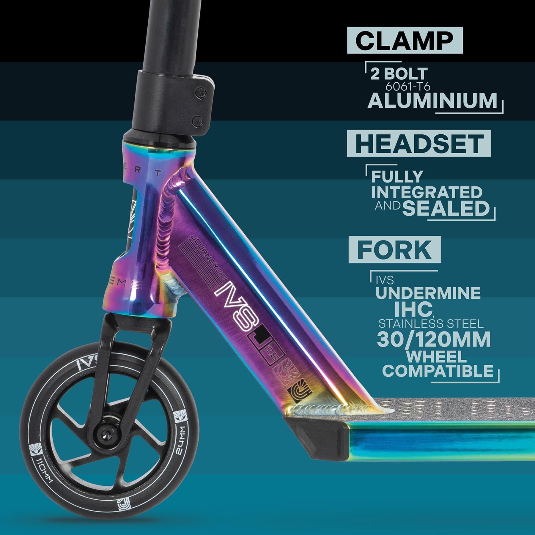 Close-up of the vibrant Invert Supreme Journey 2.5 Jamie Hull Stunt Scooter - Oil Slick Neochrome's front section highlights its durability and maneuverability, perfect for intermediate riders. Features include a sturdy 2-bolt clamp made from 6061-T6 aluminum, a fully integrated and sealed headset, a stainless steel fork, and IHC-compatible wheels sized at 30/120mm.