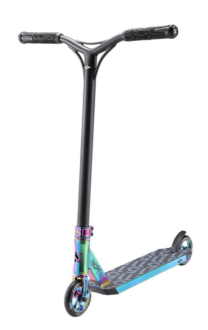 The Sacrifice Flyte 115 V2 Complete Stunt Scooter - Neochrome offers a sleek and sporty design with a colorful scheme, featuring a black handlebar, iridescent neck, and textured blue deck. As part of the Sacrifice Flyte series, this scooter includes an IHC system and small wheels for a smooth ride.