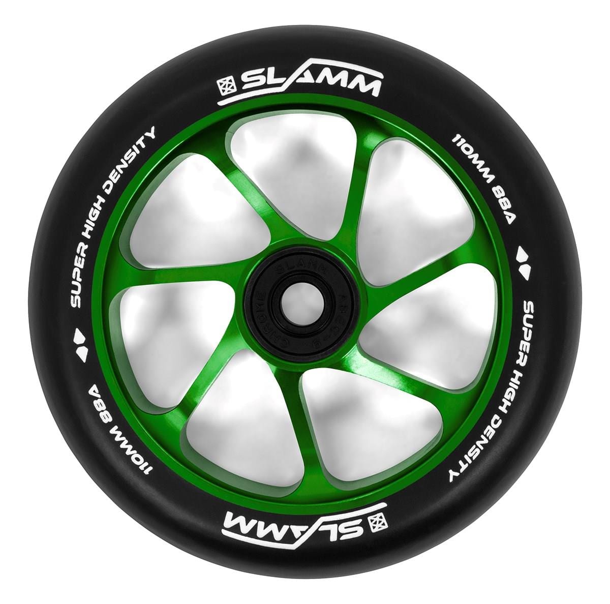 Introducing the Slamm Team 110mm Stunt Scooter Wheel in green: This wheel features a striking black and green design with bold white "SLAMM" and "SUPER HIGH DENSITY" text. It showcases a sleek, aerodynamic central hub, while its high-rebound PU construction and aluminum core deliver exceptional performance.