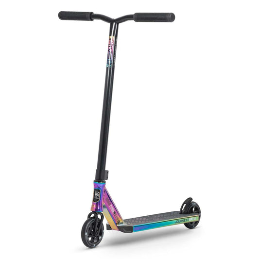 The Invert Supreme Journey 2.5 Jamie Hull Stunt Scooter - Oil Slick Neochrome is ideal for intermediate riders, featuring black handlebars and wheels. Its multicolored deck and neck glisten with iridescent shades, and the textured grip surface provides enhanced traction.