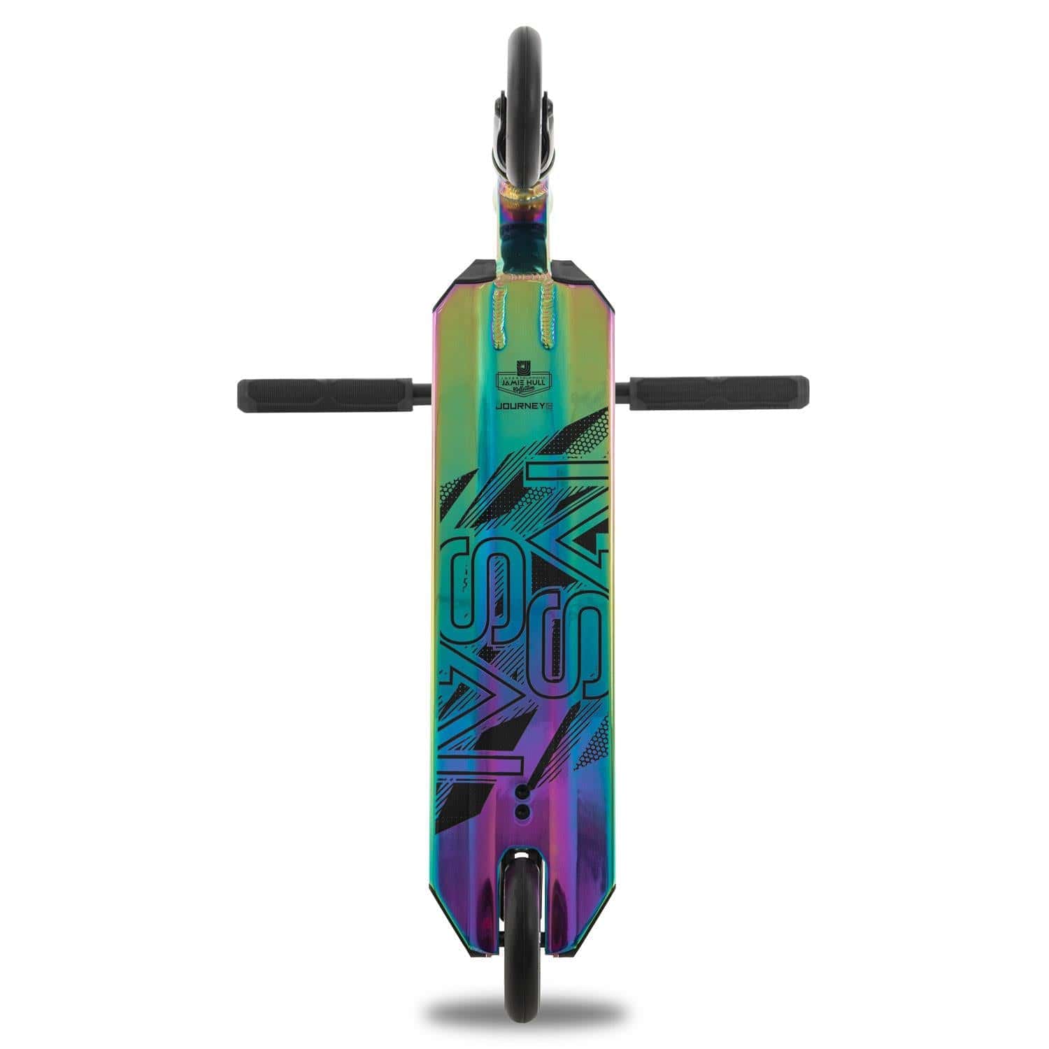 An impressive Invert Supreme Journey 1+ Jamie Hull Stunt Scooter in an oil slick design is presented from a top-down perspective. The deck boasts a captivating iridescent rainbow finish adorned with bold, modern graphics. Equipped with 110mm hollowcore wheels and vertically aligned handlebars, this scooter offers sleekness expertly engineered for performance.