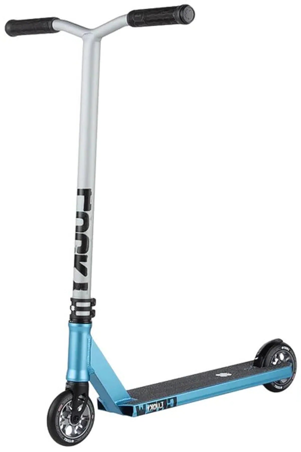 The Lucky Crew 2025 Complete Stunt Scooter - Chroma Mist features a T-bar handle with black grips, a silver vertical shaft branded "Fuzion," and boasts a sleek black grip deck and wheels—ideal for pro scooter enthusiasts.