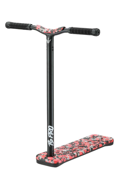 The Blunt Envy TS Pro 6 Indoor Trampoline Stunt Scooter boasts a striking red camo design on the deck. It features customizable height with black handlebars and a T-shaped handlebar stem that prominently displays "PRO.