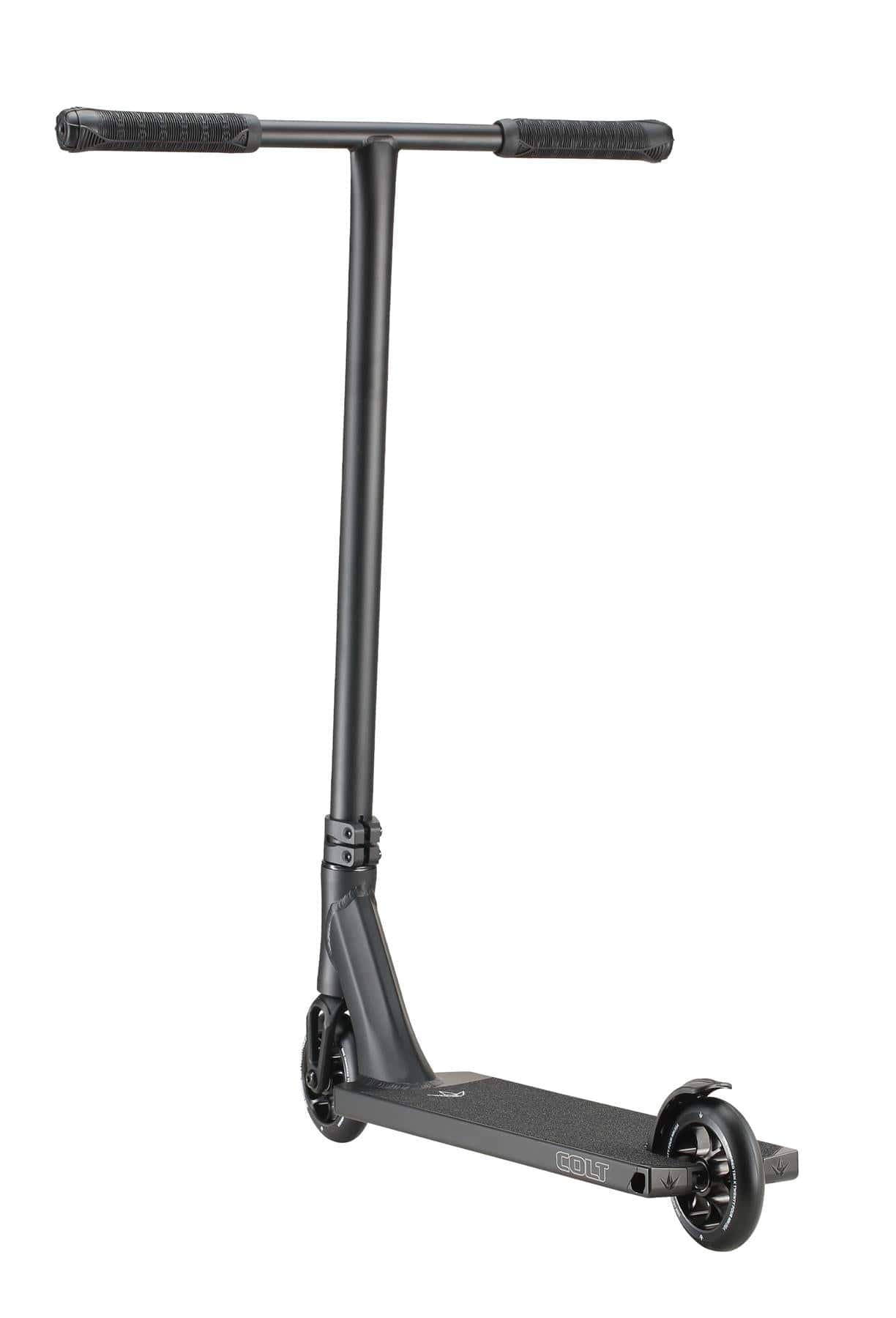 A sleek black complete stunt scooter featuring chromoly Tension bars, two small wheels, and a textured foot deck. The Blunt Envy brand name is proudly displayed on the side of the deck, showcasing the Blunt Envy Colt S6 model.