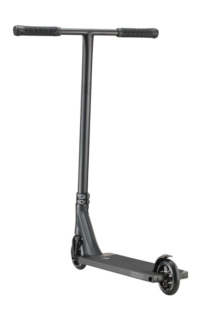 A sleek black complete stunt scooter featuring chromoly Tension bars, two small wheels, and a textured foot deck. The Blunt Envy brand name is proudly displayed on the side of the deck, showcasing the Blunt Envy Colt S6 model.