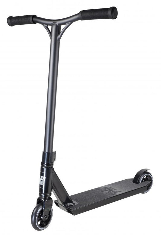 Introducing the Blazer Pro Shift Mini Complete Stunt Scooter - Black, a stylish ride ideal for freestyle scootering. This scooter features a T-shaped handlebar and two small wheels. Its lightweight aluminum deck comes with a textured surface for grip, all elegantly designed with a minimalist touch.