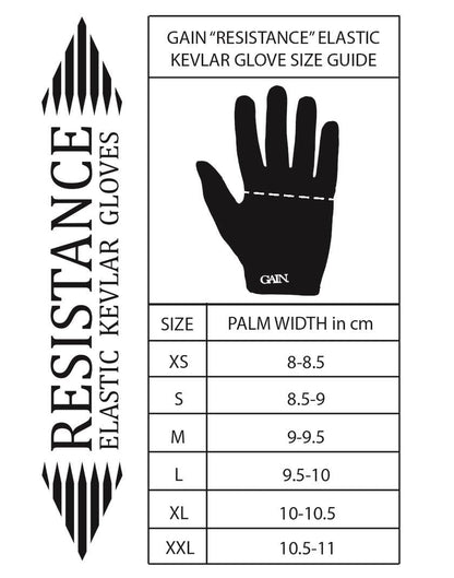 Explore the size chart for the GAIN Protection Resistance Skate Gloves - Dropbear, crafted with ARMORTEX fabric. The chart includes a hand silhouette and palm width measurements in centimeters for sizes XS to XXL, ranging from 8-11 cm. These gloves are expertly designed with touchscreen compatibility for modern functionality.