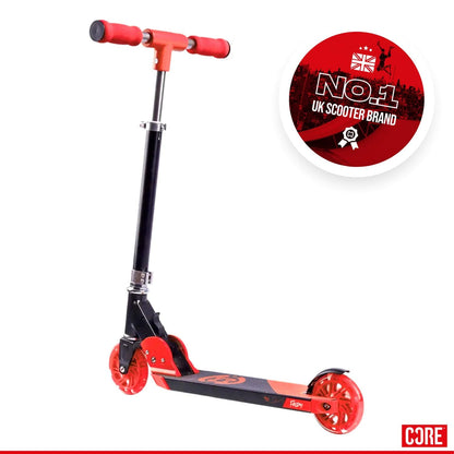 Introducing the CORE Foldy Kids LED Foldable Scooter in black and red, featuring red handle grips and wheels. Its adjustable handlebar ensures a comfortable ride. The upper right corner proudly displays the "No. 1 UK Scooter Brand" logo with British elements, while the distinctive CORE logo is placed at the bottom right corner.