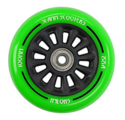 Introducing the Slamm Nylon Core 100mm Stunt Scooter Wheel - Green: a vibrant wheel crafted from durable polyurethane composite, featuring a black core accented with striking white text around the rim. Boldly displaying "SLAMM SCOOTERS," "100mm," and "88A," it is equipped with ABEC 9 Chrome Bearings at its center for a smooth ride.