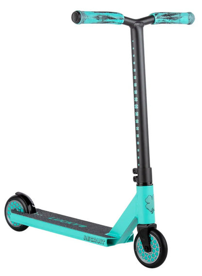 Explore the Lucky Recruit 2025 Complete Stunt Scooter - Motion Teal. This teal and black scooter offers a sleek deck, two wheels, and handlebars with a blue and black grip. Its minimalistic design includes clover motifs on the stem, perfect for young thrill-seekers.