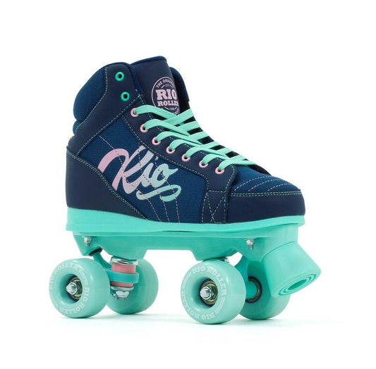 The Rio Roller Lumina Quad Roller Skates - Navy / Green by Rio Roller showcase a modern and vibrant style with a navy blue and turquoise color scheme, pink accents, and "Rio" marked on the side. These skates feature a PVC leather boot, turquoise laces and wheels, along with nylon trucks for an eye-catching look.