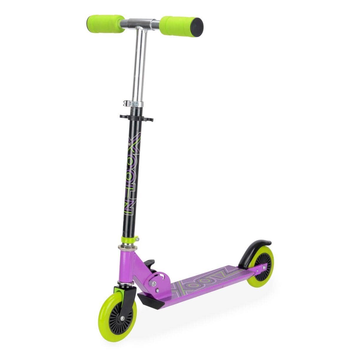 The Xootz Atom Foldable Kids Scooter - Purple showcases a vibrant purple and black design complemented by green handles and wheels. It includes a lightweight metallic frame, adjustable handlebars, and a deck featuring a geometric pattern.