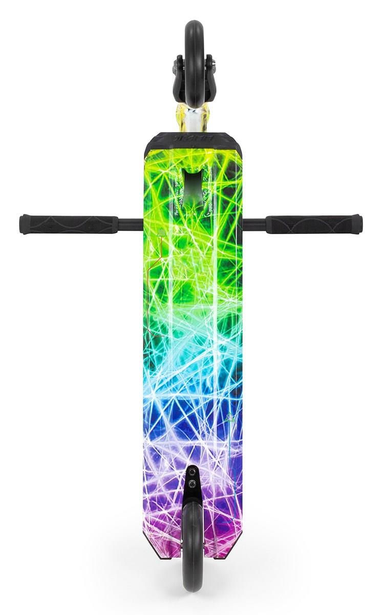 The Slamm Strobe Complete Stunt Scooter - Multi, by Slamm, showcases a vibrant design with intersecting neon lines in green, blue, and purple when viewed from above. It features precision-engineered aluminum wheels, two handles, and small front and rear wheels.