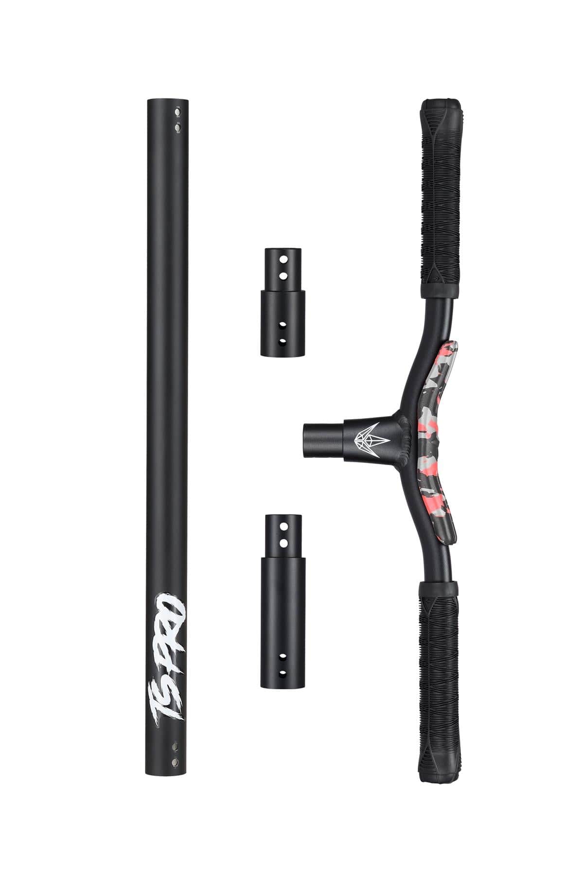 The image showcases a disassembled handlebar set from the Blunt Envy TS Pro 6 Indoor Trampoline Stunt Scooter in Red Camo, featuring grips with a striking red and black camouflage design attached to the main bar, along with two connectors and an additional tube. Perfect for customizing your scooter setup.