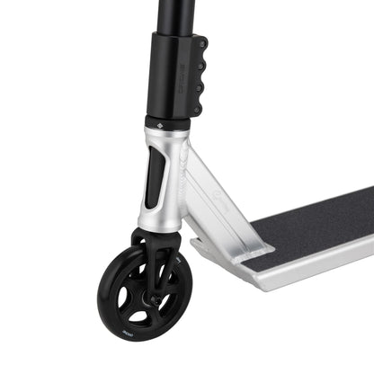 Close-up of the Drone Element 'Saundezy' Signature Complete Stunt Scooter in silver, featuring a black front wheel and textured deck. Ideal for street riders, its sleek design showcases visible handlebars and wheel fork for advanced tricks.