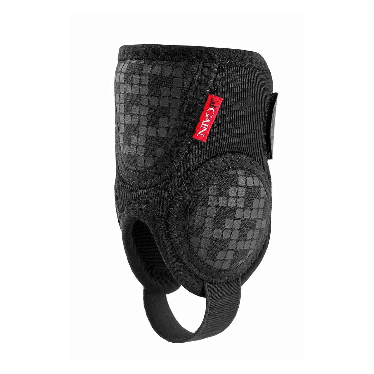 Introducing the GAIN Protection Pro Ankle Protectors in Black: These protectors are crafted from durable DuraTec neoprene and feature a textured checkerboard pattern, complete with a distinctive red tag on the top edge. They are designed with stretchy straps to ensure a secure fit, providing superior impact protection.