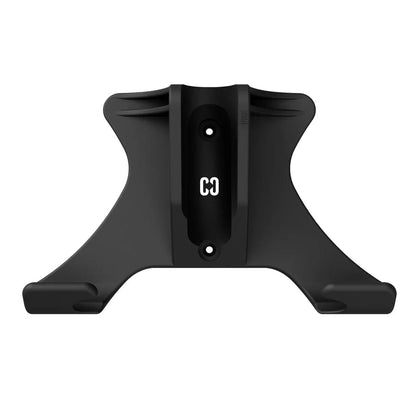 Introducing the CORE Scooter Wall & Floor Stand in black, this sleekly designed hanger features a wall-mount system with "CG" prominently displayed in white at the center. Its dual-purpose functionality is enhanced by a central slot and outward extending arms, allowing it to effortlessly support either a guitar or a scooter.