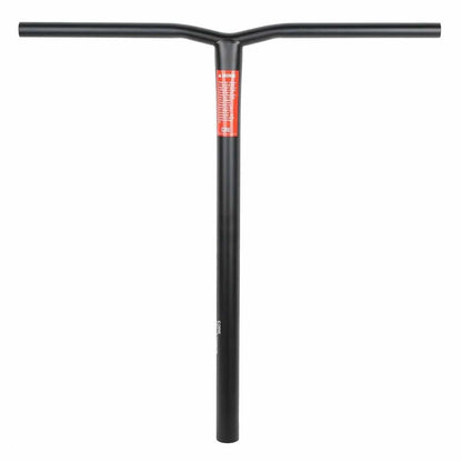 The CORE Apollo V2 Titanium Oversized HIC Stunt Scooter Bars in black, measuring 680mm x 630mm, showcase an ergonomic T-shape design. They feature a red warning label near the center and seamlessly connect wide horizontal bars to a sturdy vertical stem for enhanced durability and style.