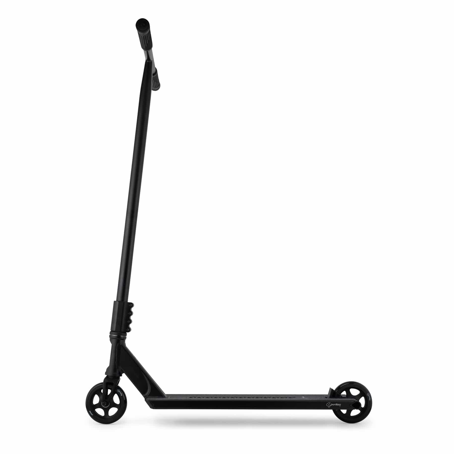 A sleek black Drone Element 'Saundezy' Signature Complete Stunt Scooter, ideal for street tricks with minimalist design, two small wheels, a T-shaped handlebar, and narrow deck. The scooter is set against a plain white background.