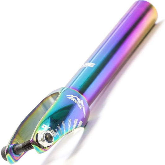 The Dare Moretti Signature 120mm Neochrome Scooter Fork by Dare Sports showcases a captivating iridescent finish in shades of purple, blue, and green. Expertly crafted with precision engineering and branding near the top, it is designed to be compatible with both SCS and HIC compression systems.