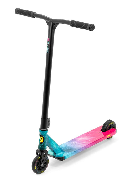 The Slamm Mischief Complete Stunt Scooter - Nebula by Slamm boasts a Nebula Wrap on its eye-catching deck, featuring a gradient of blue, purple, and pink. It is equipped with a black T-bar handle with grip and 110mm black wheels, all presented against a white background.