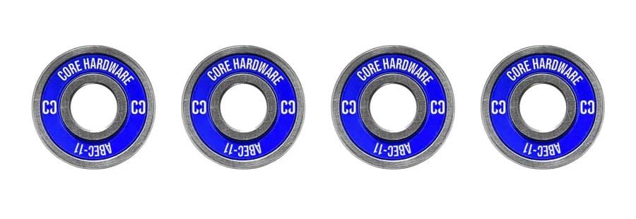 Four premium CORE ABEC 11 Scooter Bearings are arranged in a horizontal line. They feature blue centers with "CORE HARDWARE ABEC-11" printed in white along the edges, making them perfect for boosting your skateboard or scooter's performance.