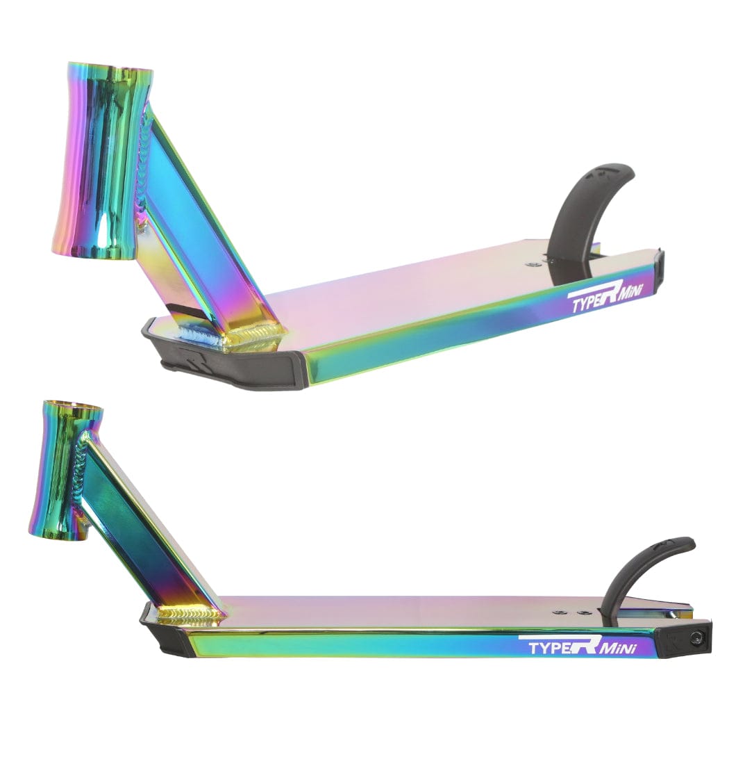 Two perspectives of the Root Industries Type R Mini Rocket Fuel Neochrome Stunt Scooter Deck display its vibrant, iridescent coating. Engineered for performance and agility, this deck includes a wide base, an upward-angled neck, and a rear fender brake.