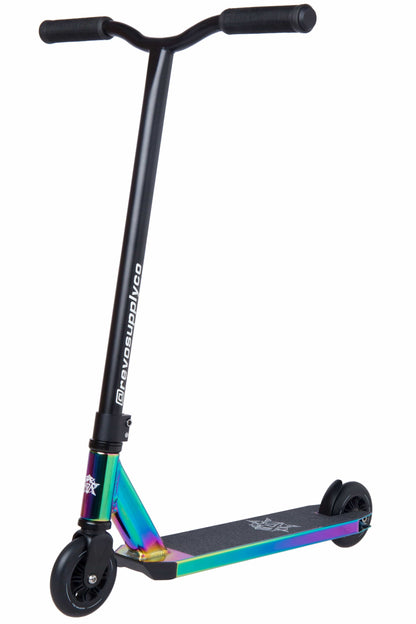 Introducing the Revolution Lightning V2 Complete Stunt Scooter - Neochrome: This eye-catching scooter features sturdy black chromoly steel handlebars and two robust wheels. The deck boasts a striking rainbow-like neochrome finish with graphic grip tape, making it ideal for entry-level riders. The brand, Revolution, is prominently showcased on the side, adding an extra touch of style.