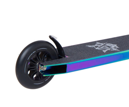 Close-up of the rear section of the Revolution Lightning V2 Complete Stunt Scooter - Neochrome. It showcases a black wheel and a textured footboard adorned with an abstract white design. The edges of the footboard boast a vibrant, iridescent finish, perfectly paired with the sturdy chromoly steel bar for improved performance and style.