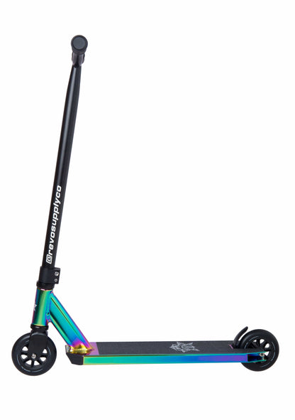 Featuring a vibrant neochrome finish, the Revolution Lightning V2 Complete Stunt Scooter from Revolution boasts a sleek black handlebar and dual compact wheels. Its textured deck provides excellent grip, making it ideal for entry-level riders. Displayed in a side view on a plain white background, the scooter effortlessly combines style with functionality.