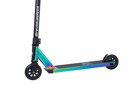 A close-up of the vibrant Revolution Lightning V2 Complete Stunt Scooter - Neochrome reveals black handlebars crafted from durable chromoly steel, complemented by sleek black wheels. The deck features a reflective, iridescent finish, with the brand "Revolution" prominently displayed on the handlebars.