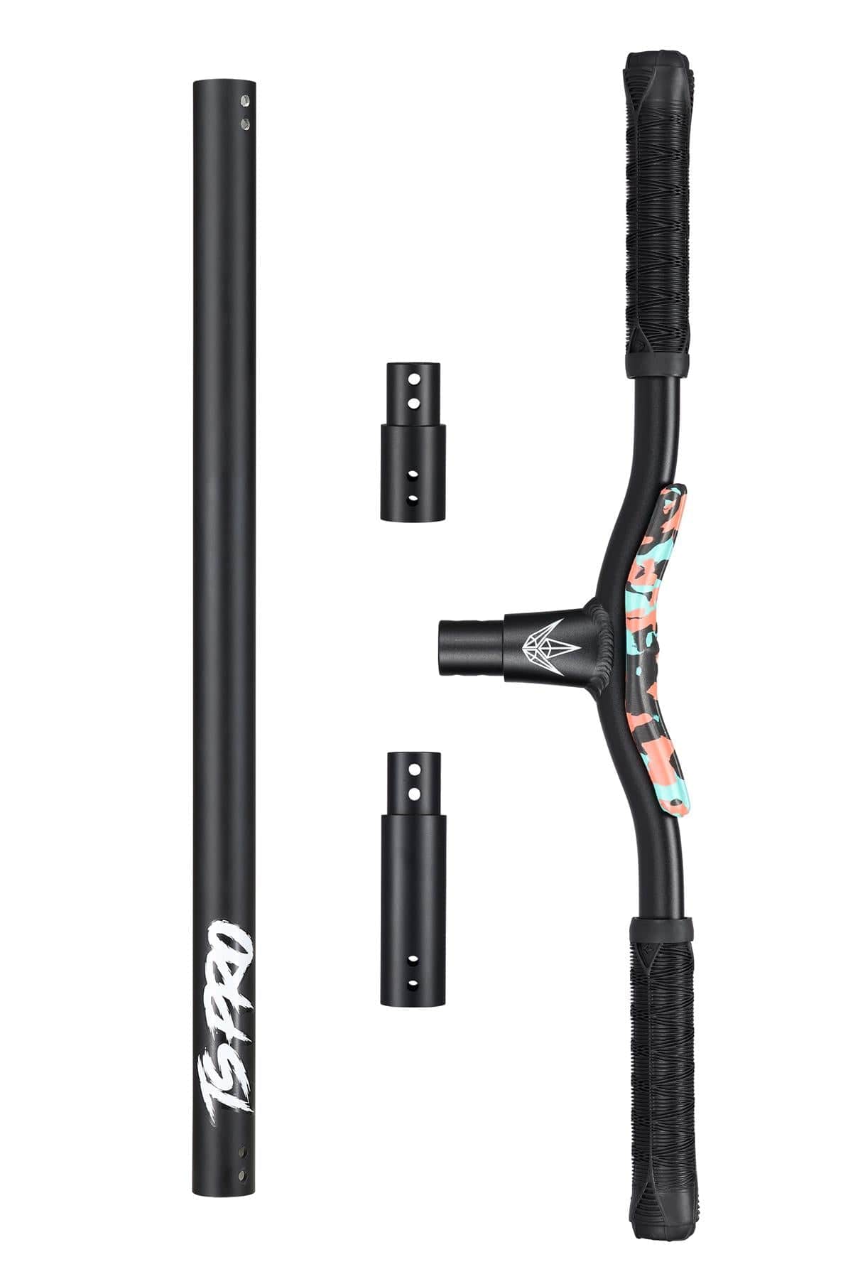 Disassembled components in black from a Blunt Envy TS Pro scooter, featuring customized handlebars with grips. It includes two connectors and a vertical tube prominently displaying "TS PRO" in white. One part showcases a vibrant design, making it an ideal choice for fans of the Blunt Envy TS Pro 7.5 Indoor Trampoline Stunt Scooter in Teal Camo.