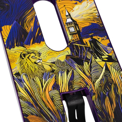 The CORE ST2 Jack 'Halfbarz' Ward Signature Purple Stunt Scooter Deck features vibrant illustrations with a lion, abstract leaves, a clock tower, and swirling patterns in yellow, blue, and orange, ideal for hybrid riders. Available in 6" x 21".