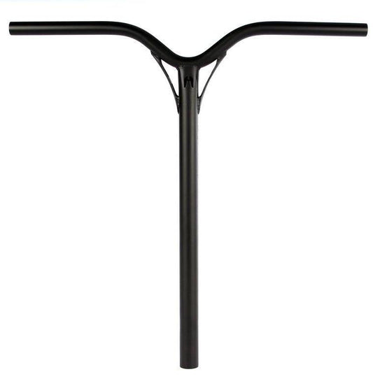 A black handlebar for a pro scooter, featuring a straightforward, T-shaped design set against a white background. The bar exudes a sleek and minimalist style similar to the Ethic DTC Dynasty V2 Steel Standard ICS-10 Stunt Scooter Bars in black, measuring 670mm by 580mm.