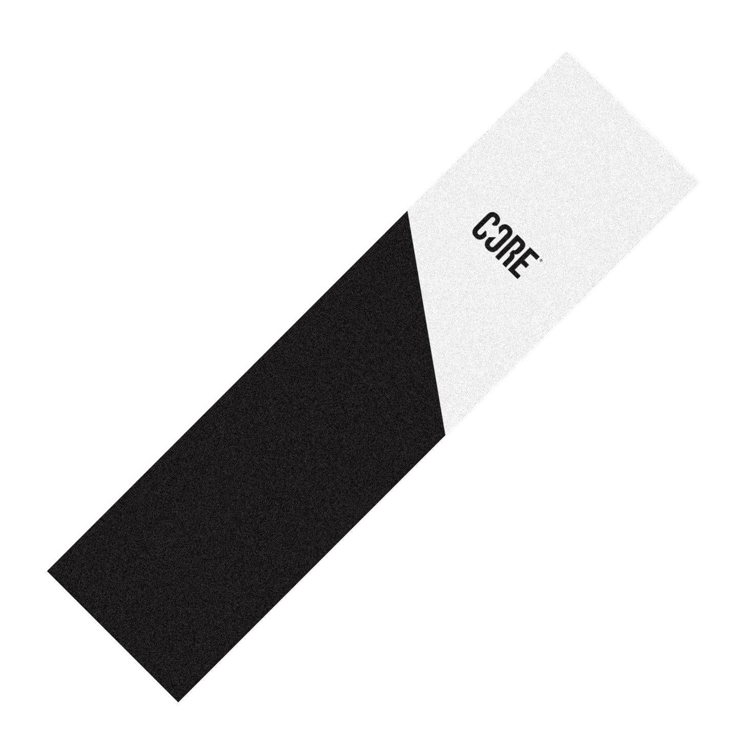 A rectangular bookmark with a diagonal design mirrors the style of the CORE Split Stunt Scooter Griptape - White. It features a black section and a white section, similar to custom scooter grip tape designs, with the word "CORE" printed in black on the white portion, offering an elegant touch reminiscent of sleek customization options for your favorite ride.