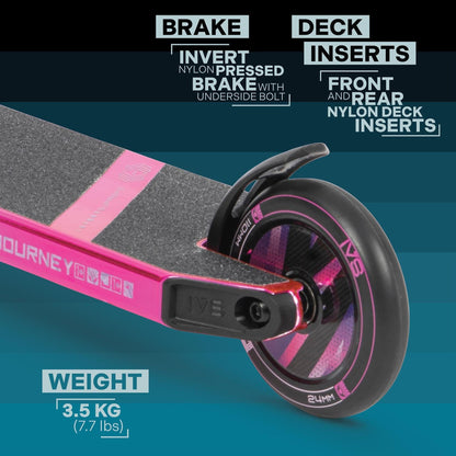 The Invert Supreme Journey 1+ Jamie Hull Stunt Scooter in Tri Electro Pink / Purple features a close-up of its rear wheel and deck, highlighting an inverted nylon brake with front and rear nylon deck inserts. Weighing only 3.5 kg (7.7 lbs), it's ideal for young riders at the skatepark with its striking pink and black color design.