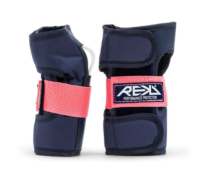 Two REKD Heavy Duty Triple Skate Protection Pad Sets in blue with pink straps and logos that read "REKD” stand upright side by side on a white background, offering durable protection for any activity.