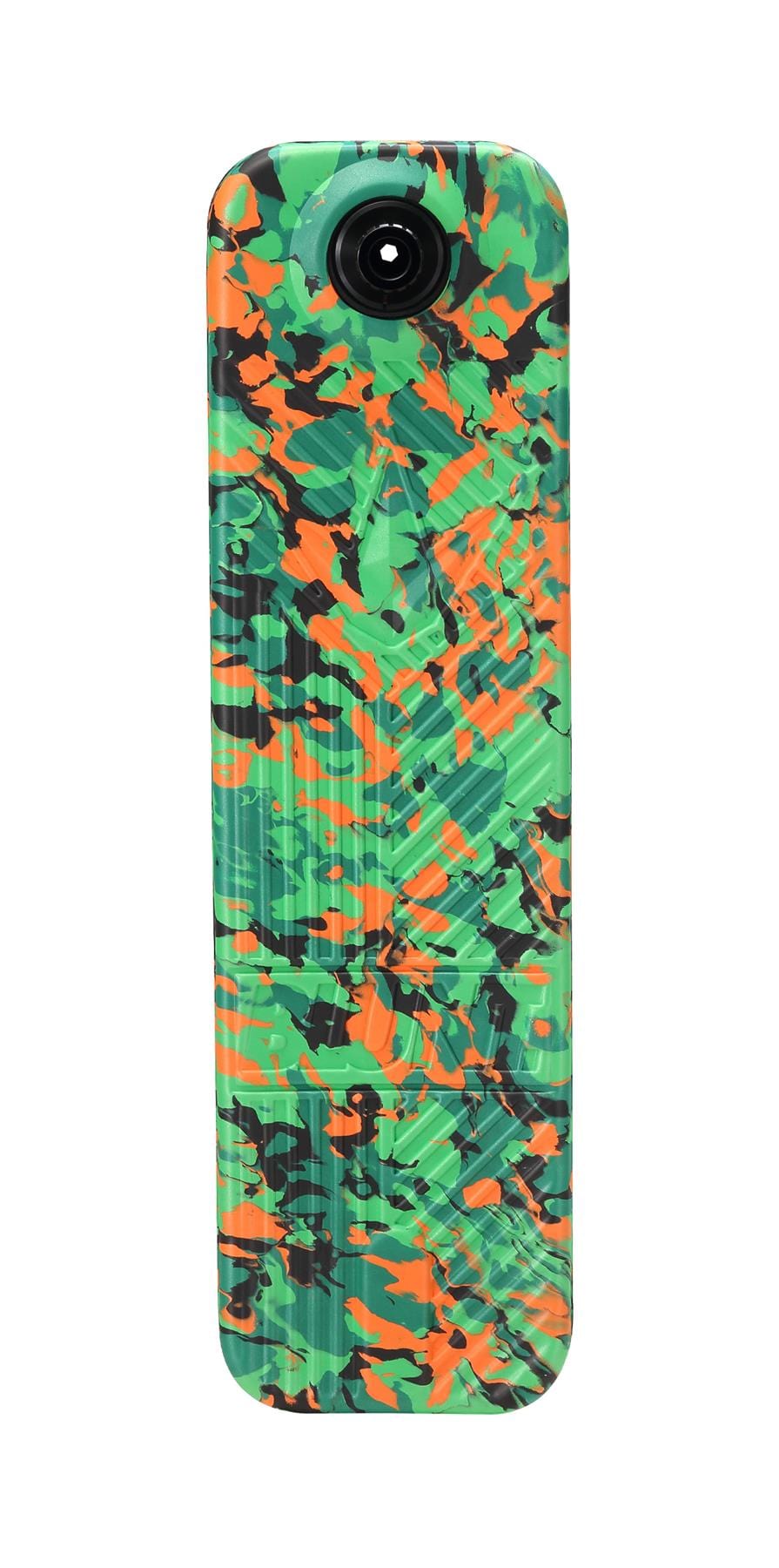 The Blunt Envy TS Pro 6 Indoor Trampoline Stunt Scooter features a sleek rectangular design with a vibrant camouflage pattern in shades of green, orange, and black. At the top is a lens that may serve as a camera or recording device.