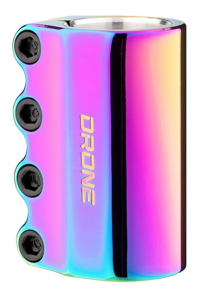 The Drone Contrast 3 4 Bolt Oversized SCS Stunt Scooter Clamp in Neochrome features a vibrant purple, pink, and teal finish. Made from 7075 Series Aluminium, it has side black bolts and "DRONE" in gold lettering for enhanced performance durability.