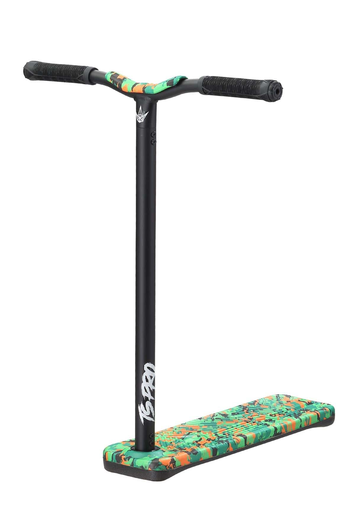 The Blunt Envy TS Pro 6 Indoor Trampoline Stunt Scooter in Orange Camo features a black T-bar handle, a green camouflage deck accented with orange and yellow, and black grips. This sleek and modern scooter is ideal for mastering tricks and stunts, offering a customizable scooter bar that provides versatility for both novice riders and professionals alike.