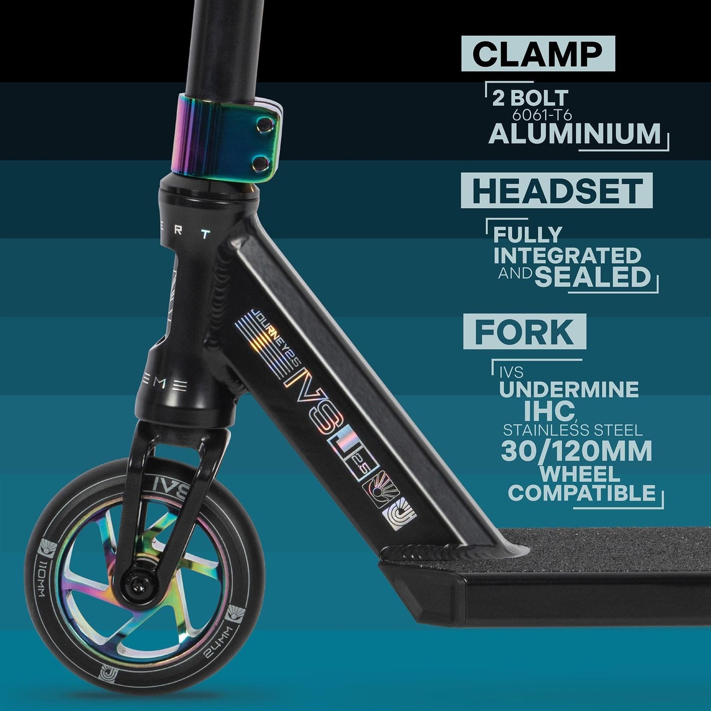 Close-up of the Invert Supreme Journey 2.5 Jamie Hull Stunt Scooter in Black / Oil Slick Neochrome showcasing the clamp, headset, and fork details. The durable clamp is crafted from 6061-T6 aluminum. Designed for intermediate riders, the fully integrated and sealed headset complements the IHC-compatible stainless steel fork for 30/120mm wheels.