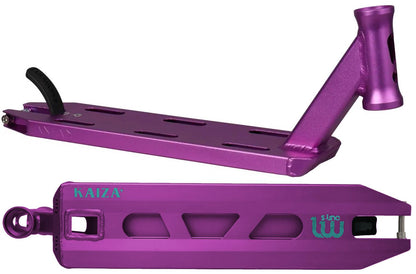 The Longway S-Line Kaiza+ Purple Stunt Scooter Deck (4.5" x 19") is tailored for park riders featuring angled edges, vent-like cutouts, and a bold "KAIZA" print. Its sturdy headtube and titanium bolts enhance durability.