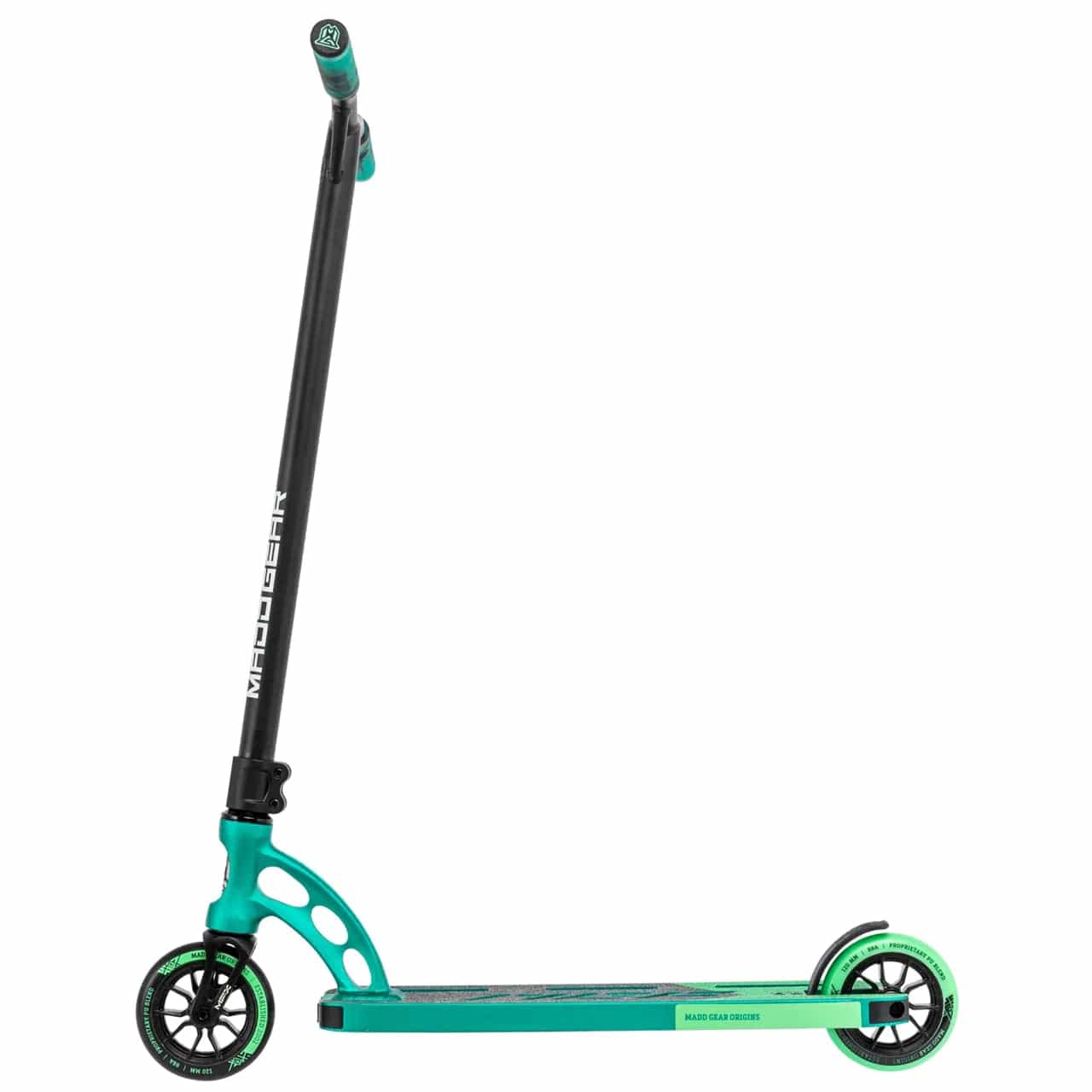 The Madd Gear MGP VX Origin Team Edition Complete Stunt Scooter in Petrol/Cyan is depicted with its sleek, lightweight design. It boasts a reinforced deck for improved performance and longevity, two small wheels, and a T-bar handle with grips. Ideal for tricks and freestyle riding.