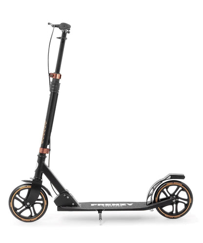 A sleek black kick scooter, the Frenzy 205mm Dual Brake V4 Foldable Commuter Scooter, features orange-accented wheels and a sturdy handlebar with a cable folding system. The "Frenzy" brand name stands out across its body as it rests upright against a plain white background.