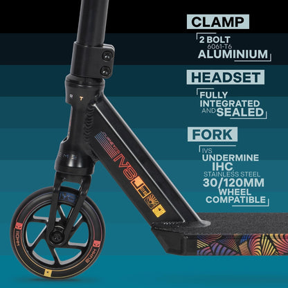 Close-up of the Invert Supreme Journey 2.5 Jamie Hull Stunt Scooter - Full Mental Sunset's front section, featuring a black 2-bolt clamp, integrated and sealed headset, and an undermine IHC stainless steel fork. Designed for trick sessions, it's compatible with 30/120mm wheels, and the deck showcases a colorful geometric pattern. Perfect for intermediate riders seeking thrills.