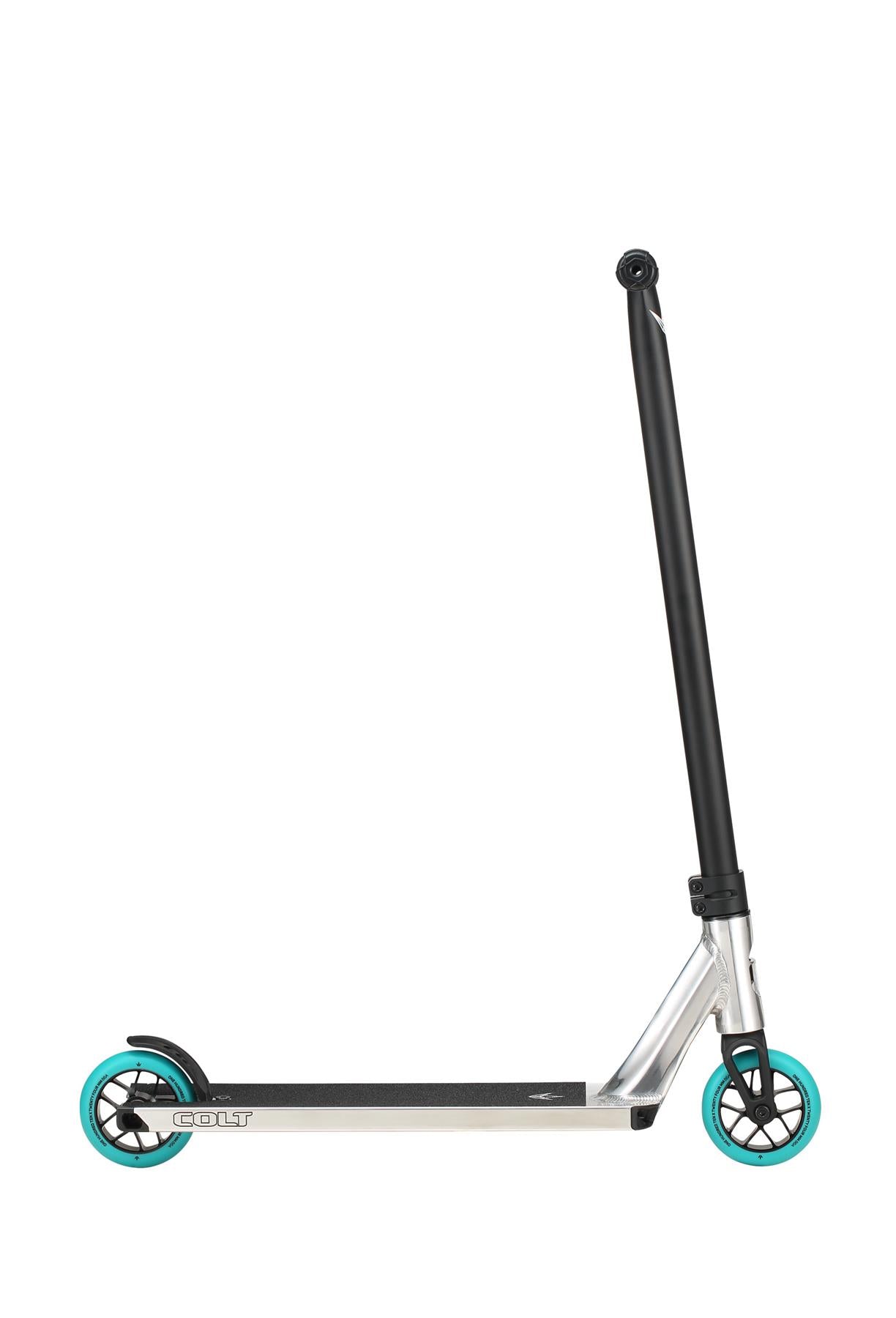 The Blunt Envy Colt S6 Complete Stunt Scooter - Polished combines a classy silver and black hybrid style with striking turquoise wheels. It features chromoly Tension bars for a sleek design and durable handlebar, while its streamlined base makes it ideal for both freestyle riding and urban commuting.