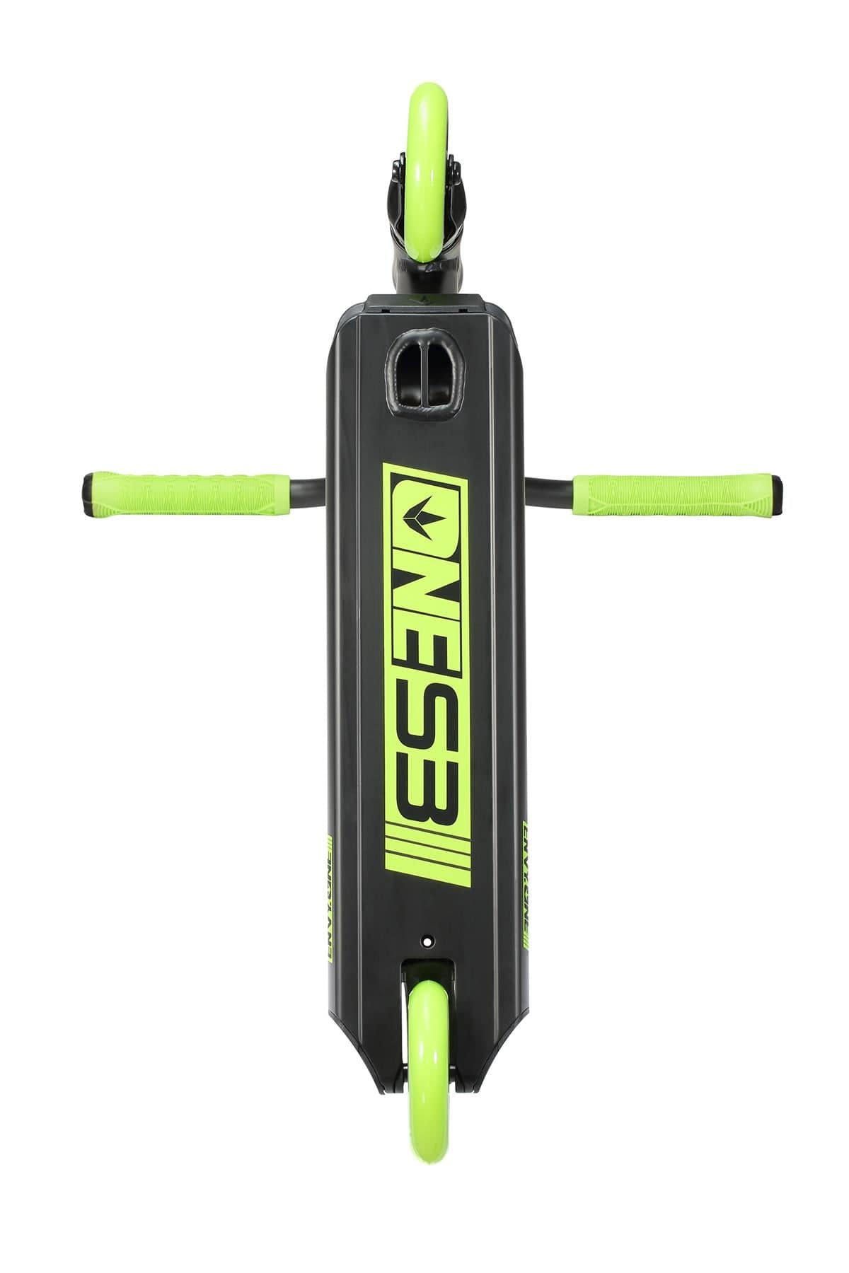 Top view of the Blunt Envy ONE S3 Complete Stunt Scooter in a striking black and lime electric design. The handlebars and wheels are vivid lime green, featuring "One" along with stylized graphics on the aluminum deck. The image emphasizes the scooter's sleek design, contrasting colors, and durable pro scooter components.