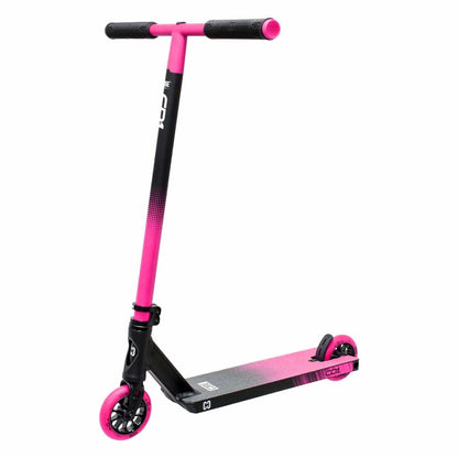 Introducing the CORE CD1 Complete Stunt Scooter by CORE, featuring a sleek aluminum deck with a captivating gradient effect, black handlebars, and vibrant pink accents on the handle grips, wheels, and rear brake. This brightly colored scooter is perfect for beginner riders seeking style and functionality.